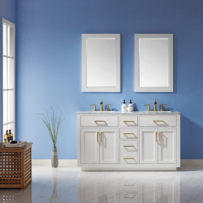 Ivy 60" Double Bathroom Vanity Set in White and Carrara White Marble Countertop with Mirror