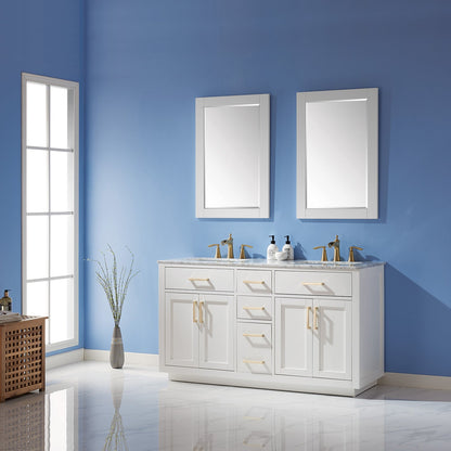 Ivy 60" Double Bathroom Vanity Set in White and Carrara White Marble Countertop with Mirror