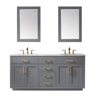 Ivy 72" Double Bathroom Vanity Set in Gray and Carrara White Marble Countertop with Mirror