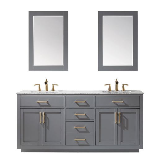 Ivy 72" Double Bathroom Vanity Set in Gray and Carrara White Marble Countertop with Mirror