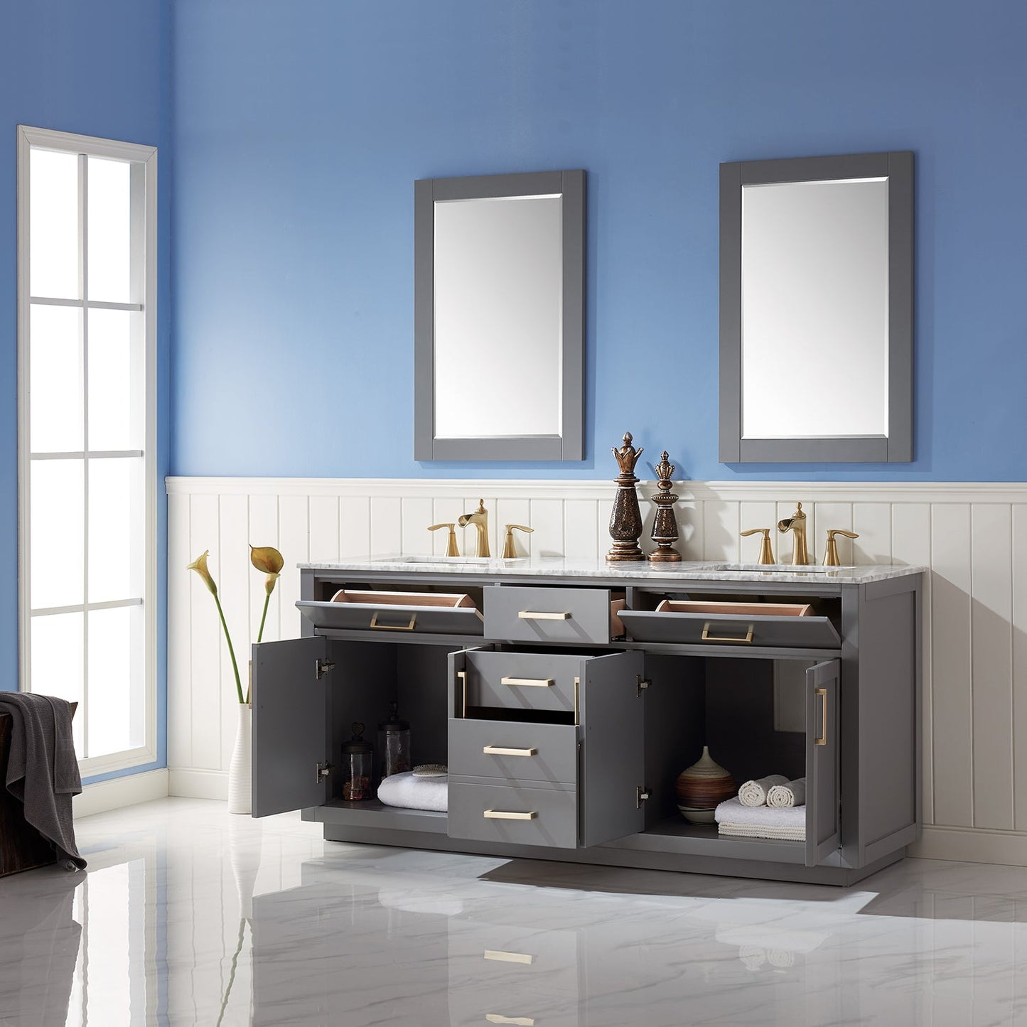 Ivy 72" Double Bathroom Vanity Set in Gray and Carrara White Marble Countertop with Mirror