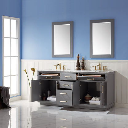 Ivy 72" Double Bathroom Vanity Set in Gray and Carrara White Marble Countertop with Mirror
