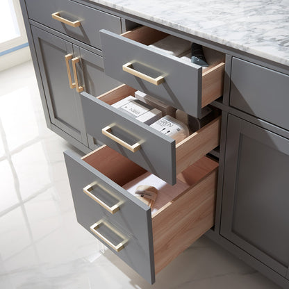 Ivy 72" Double Bathroom Vanity Set in Gray and Carrara White Marble Countertop with Mirror