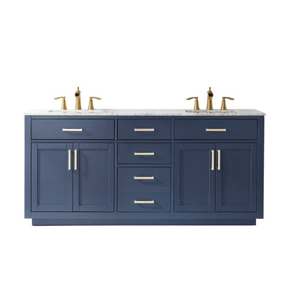 Ivy 72" Double Bathroom Vanity Set in Royal Blue and Carrara White Marble Countertop without Mirror
