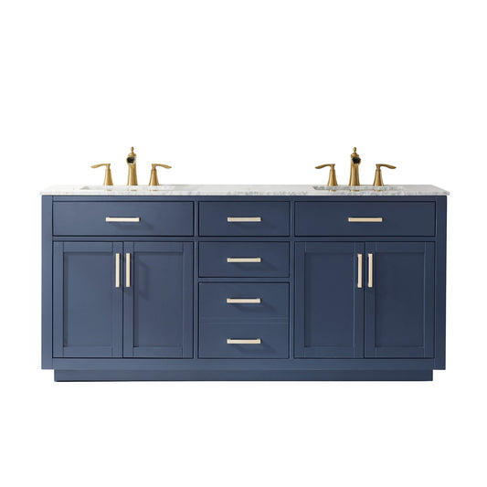 Ivy 72" Double Bathroom Vanity Set in Royal Blue and Carrara White Marble Countertop without Mirror