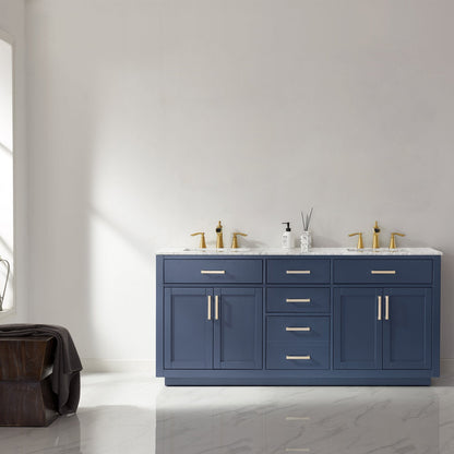 Ivy 72" Double Bathroom Vanity Set in Royal Blue and Carrara White Marble Countertop without Mirror