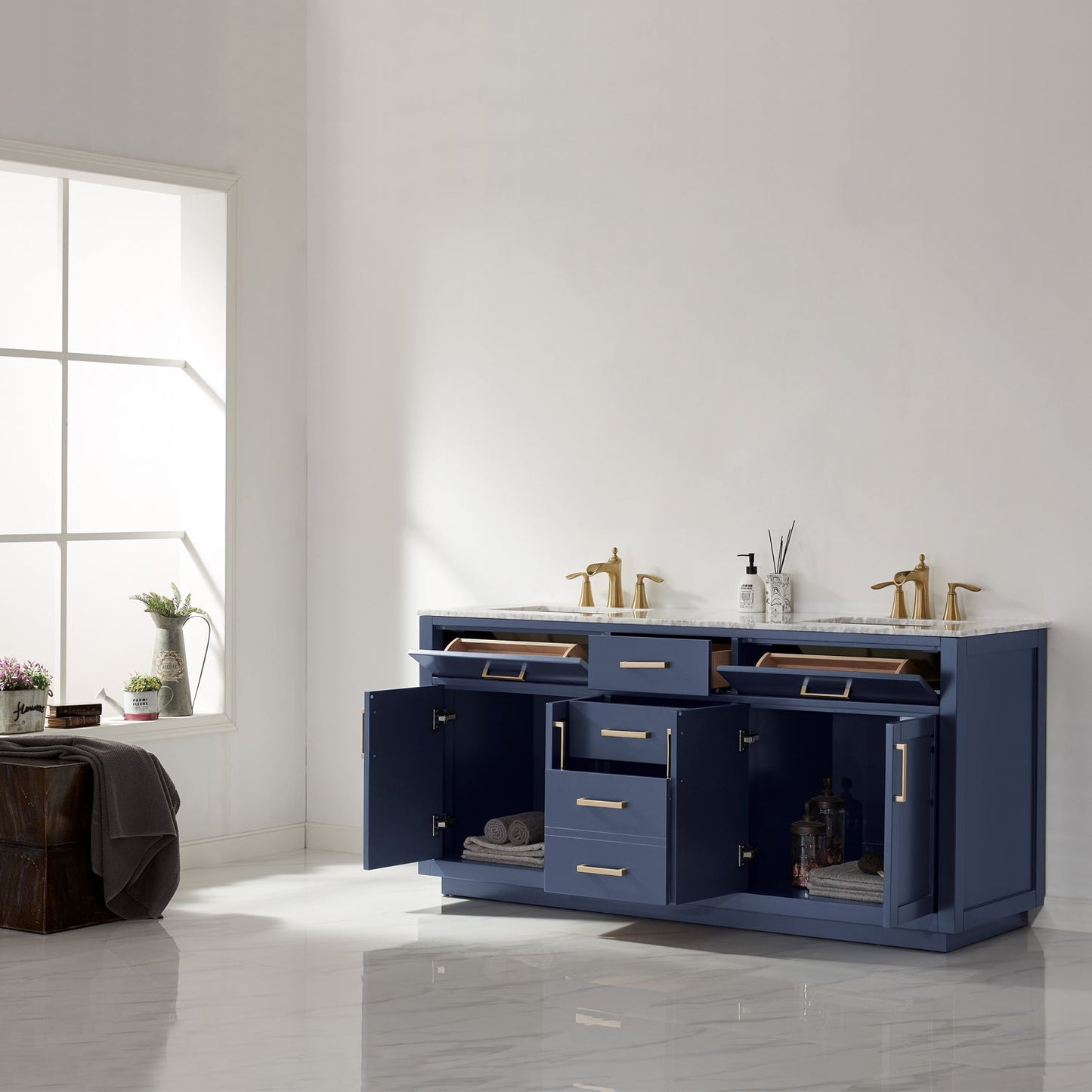 Ivy 72" Double Bathroom Vanity Set in Royal Blue and Carrara White Marble Countertop without Mirror