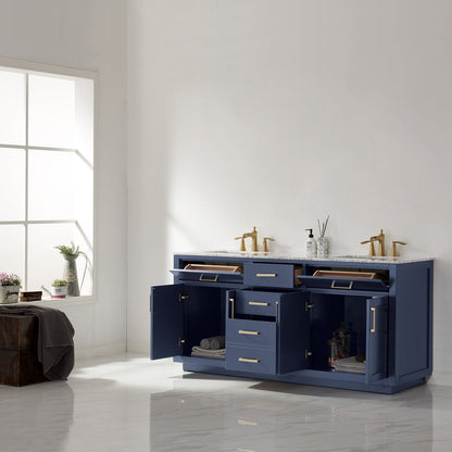 Ivy 72" Double Bathroom Vanity Set in Royal Blue and Carrara White Marble Countertop without Mirror