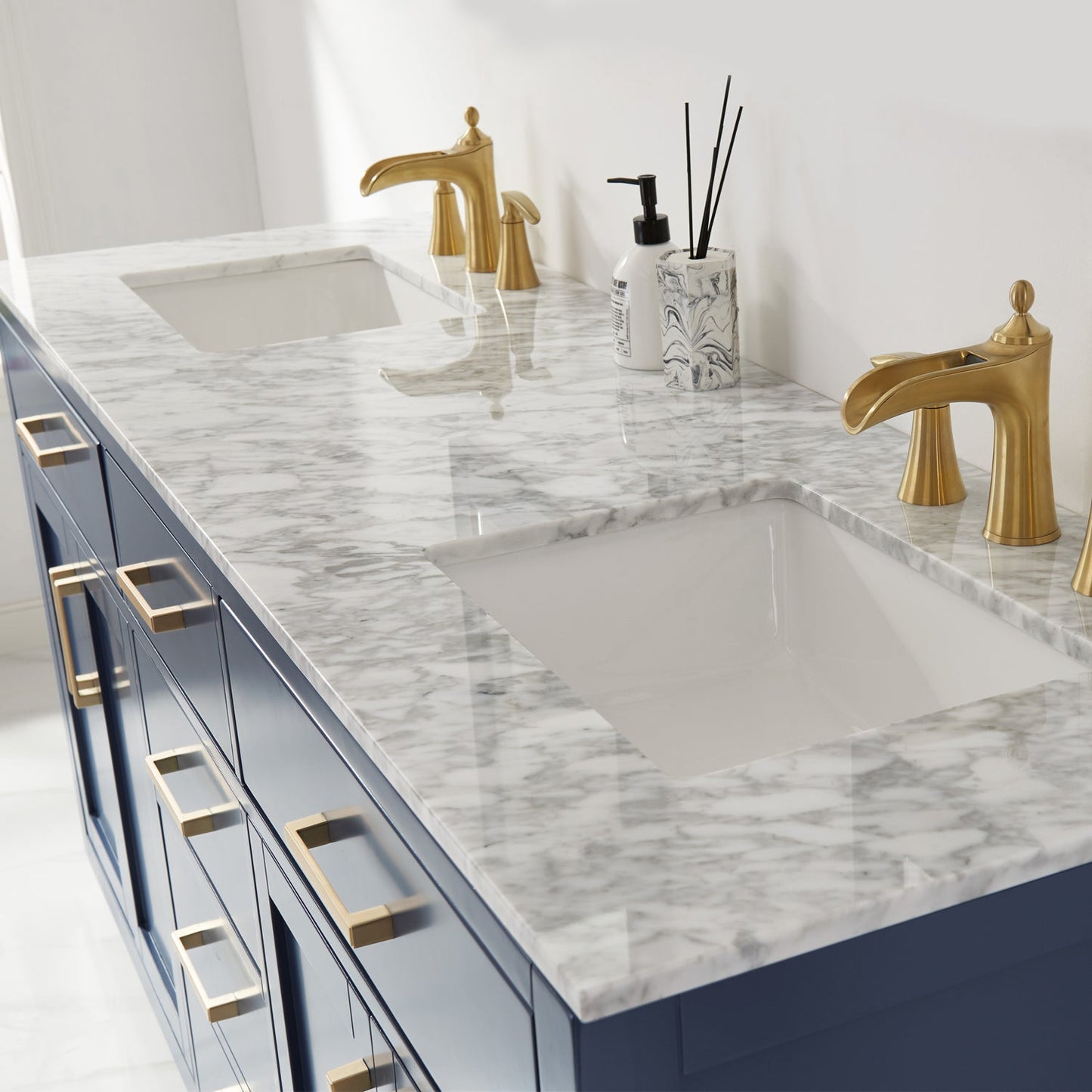 Ivy 72" Double Bathroom Vanity Set in Royal Blue and Carrara White Marble Countertop without Mirror