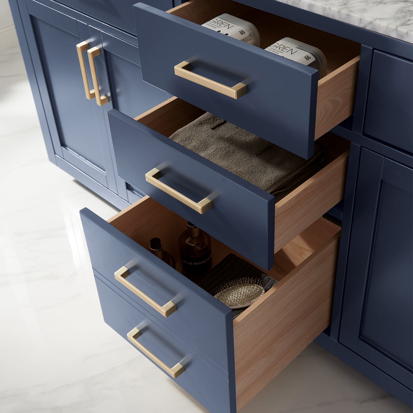 Ivy 72" Double Bathroom Vanity Set in Royal Blue and Carrara White Marble Countertop without Mirror