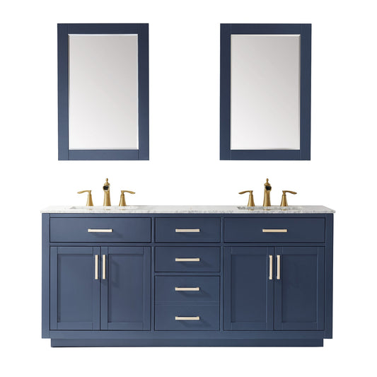Ivy 72" Double Bathroom Vanity Set in Royal Blue and Carrara White Marble Countertop with Mirror