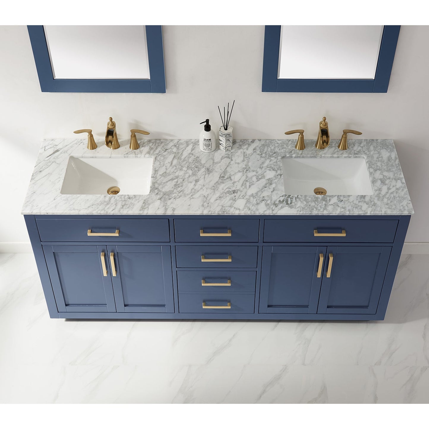 Ivy 72" Double Bathroom Vanity Set in Royal Blue and Carrara White Marble Countertop with Mirror
