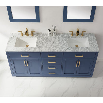 Ivy 72" Double Bathroom Vanity Set in Royal Blue and Carrara White Marble Countertop with Mirror