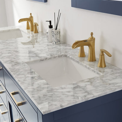 Ivy 72" Double Bathroom Vanity Set in Royal Blue and Carrara White Marble Countertop with Mirror