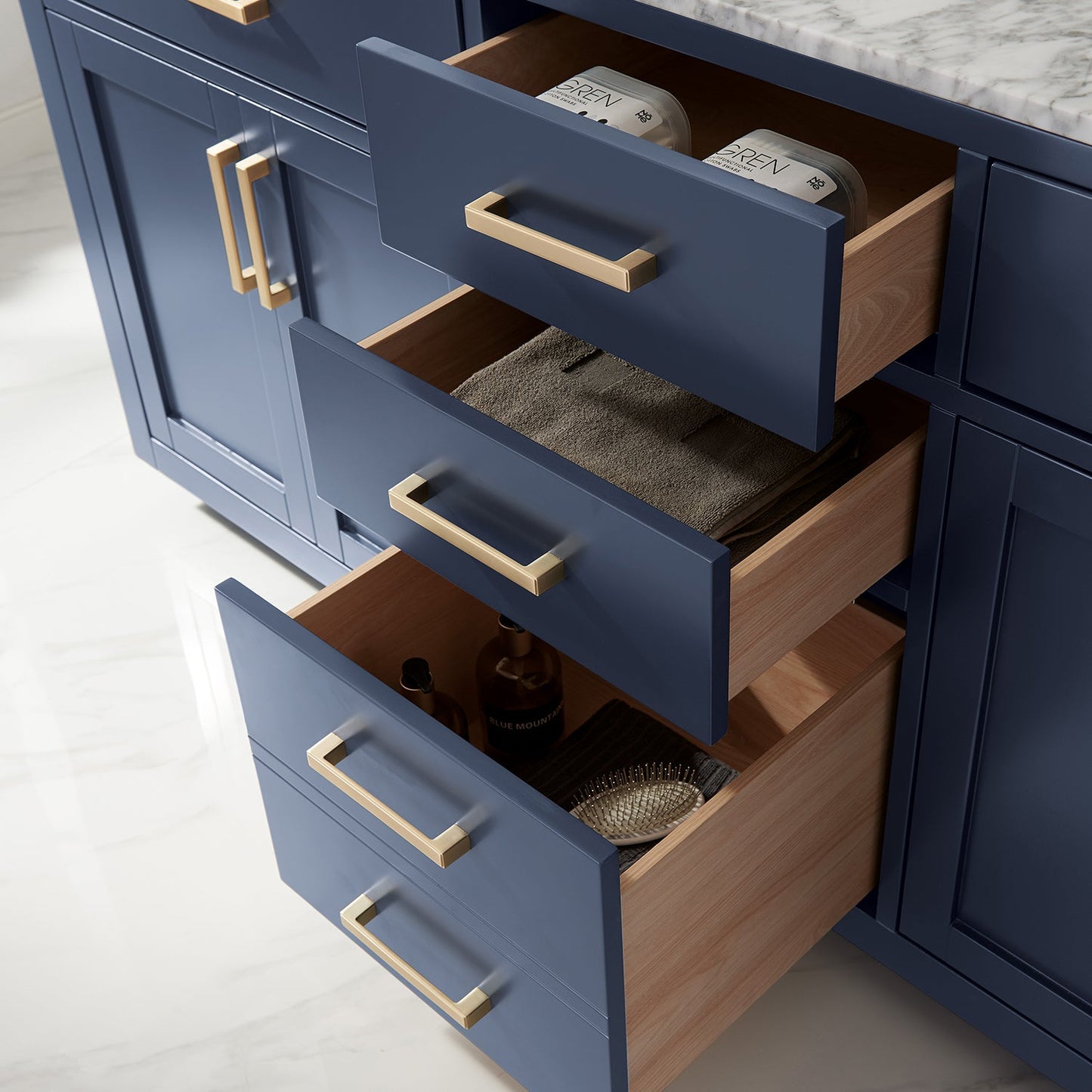Ivy 72" Double Bathroom Vanity Set in Royal Blue and Carrara White Marble Countertop with Mirror