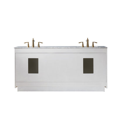 Ivy 72" Double Bathroom Vanity Set in White and Carrara White Marble Countertop without Mirror