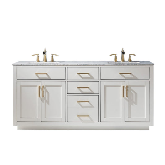 Ivy 72" Double Bathroom Vanity Set in White and Carrara White Marble Countertop without Mirror