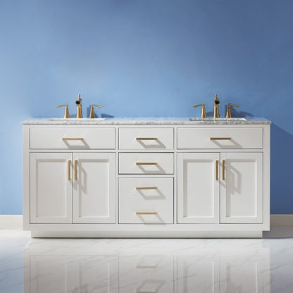 Ivy 72" Double Bathroom Vanity Set in White and Carrara White Marble Countertop without Mirror