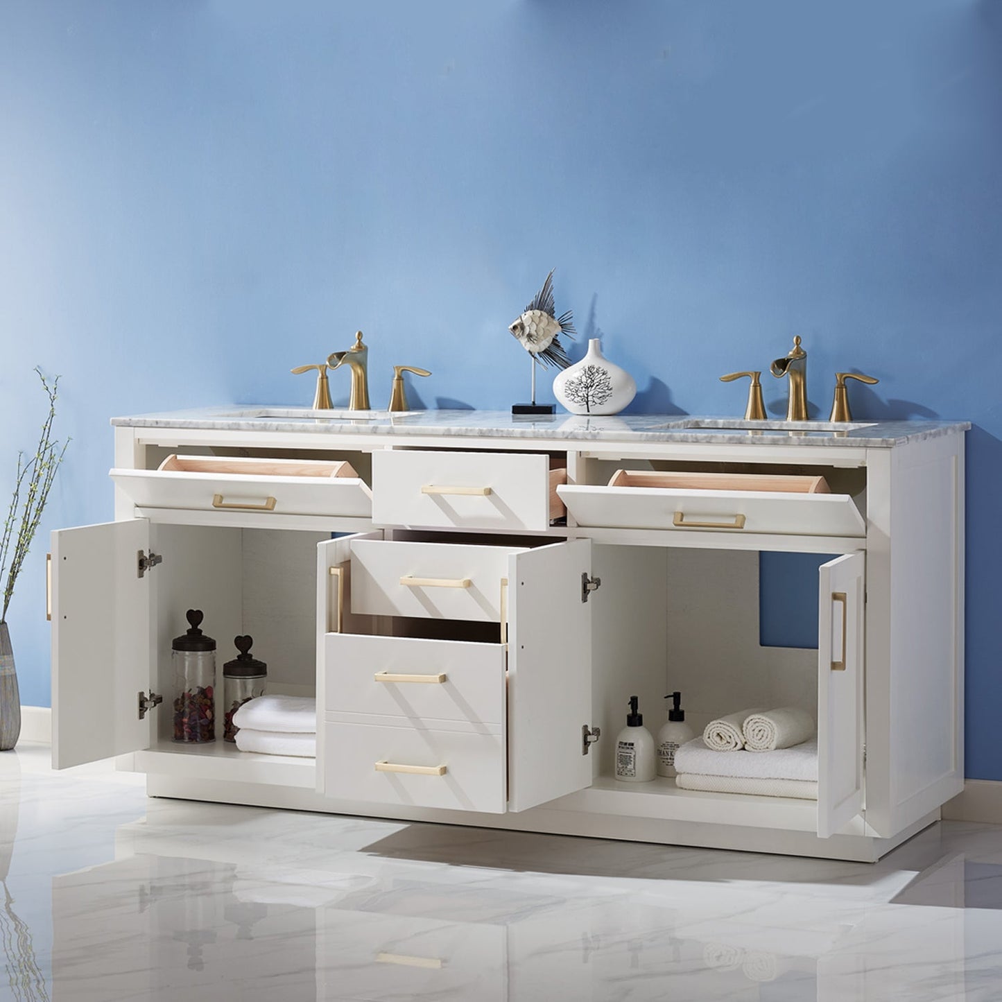 Ivy 72" Double Bathroom Vanity Set in White and Carrara White Marble Countertop without Mirror