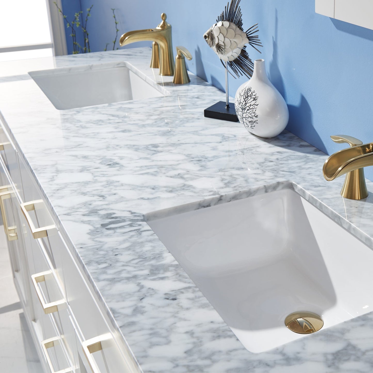 Ivy 72" Double Bathroom Vanity Set in White and Carrara White Marble Countertop without Mirror