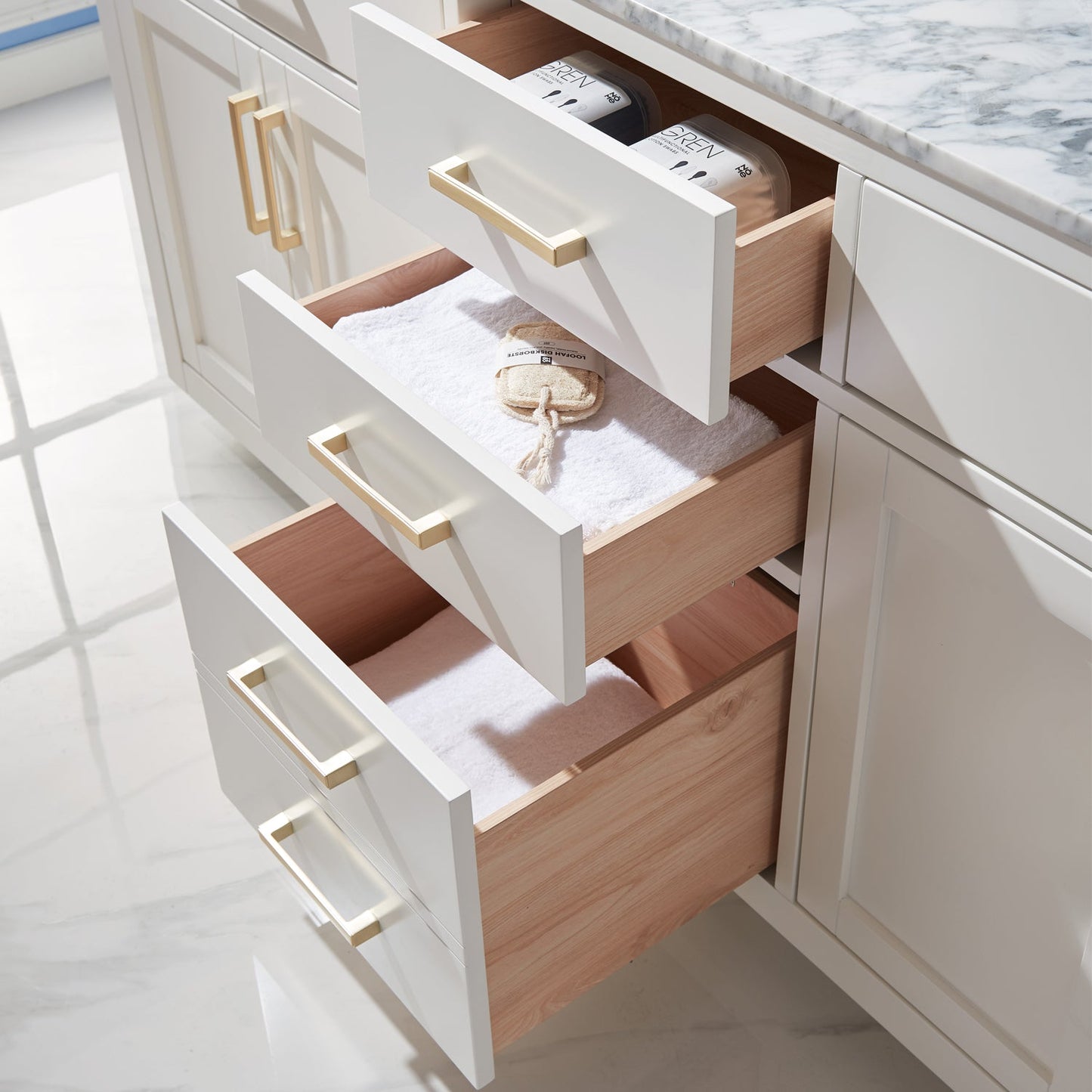 Ivy 72" Double Bathroom Vanity Set in White and Carrara White Marble Countertop without Mirror