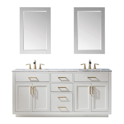 Ivy 72" Double Bathroom Vanity Set in White and Carrara White Marble Countertop with Mirror