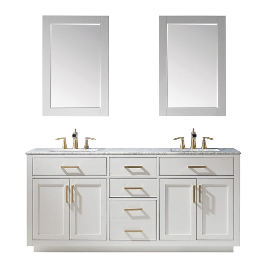 Ivy 72" Double Bathroom Vanity Set in White and Carrara White Marble Countertop with Mirror