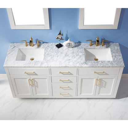 Ivy 72" Double Bathroom Vanity Set in White and Carrara White Marble Countertop with Mirror