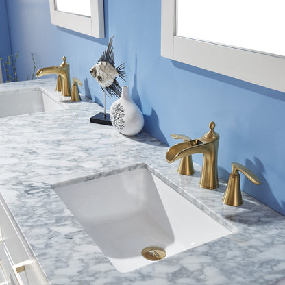 Ivy 72" Double Bathroom Vanity Set in White and Carrara White Marble Countertop with Mirror
