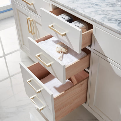 Ivy 72" Double Bathroom Vanity Set in White and Carrara White Marble Countertop with Mirror