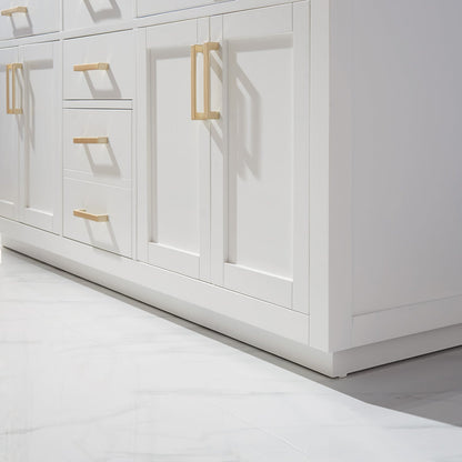 Ivy 72" Double Bathroom Vanity Set in White and Carrara White Marble Countertop with Mirror