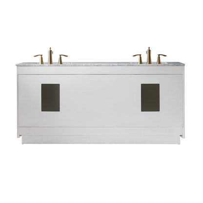 Ivy 72" Double Bathroom Vanity Set in White and Carrara White Marble Countertop with Mirror