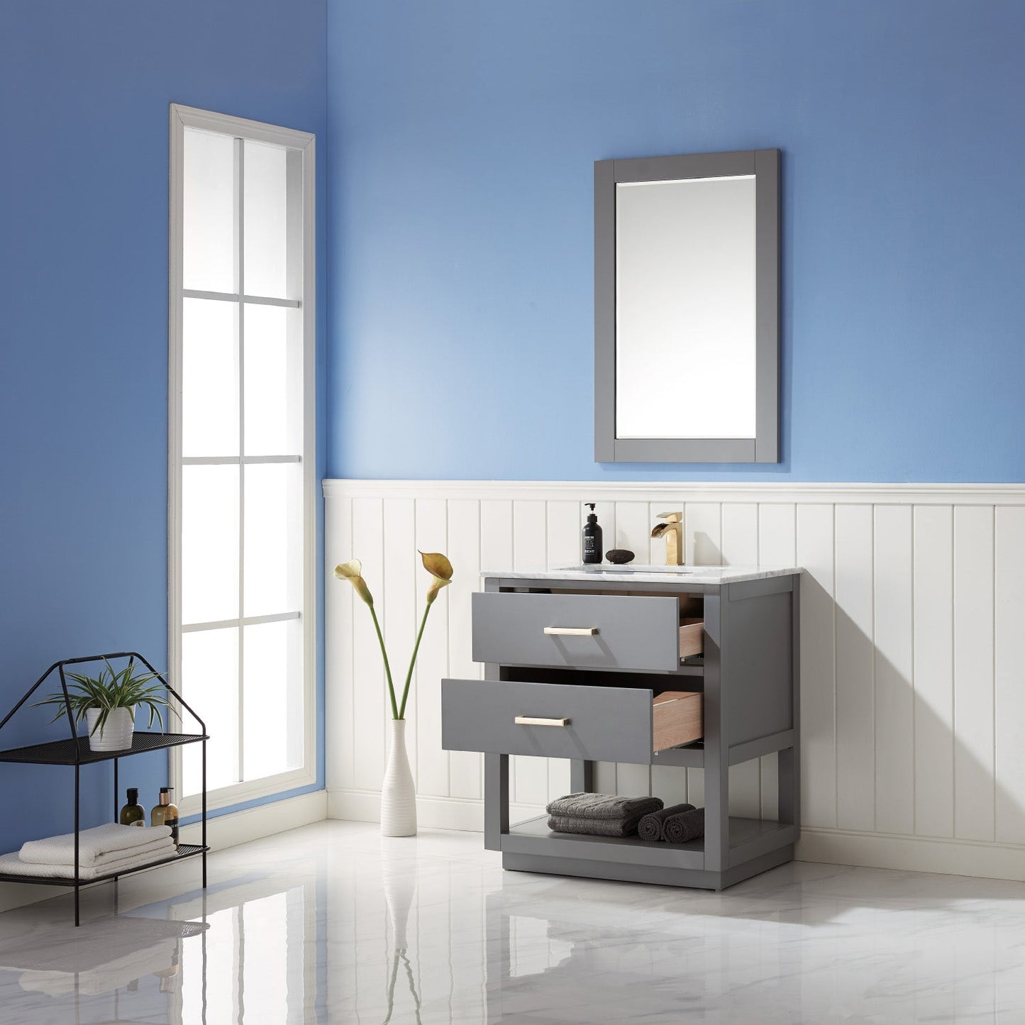Remi 30" Single Bathroom Vanity Set in Gray and Carrara White Marble Countertop with Mirror