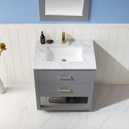 Remi 30" Single Bathroom Vanity Set in Gray and Carrara White Marble Countertop with Mirror