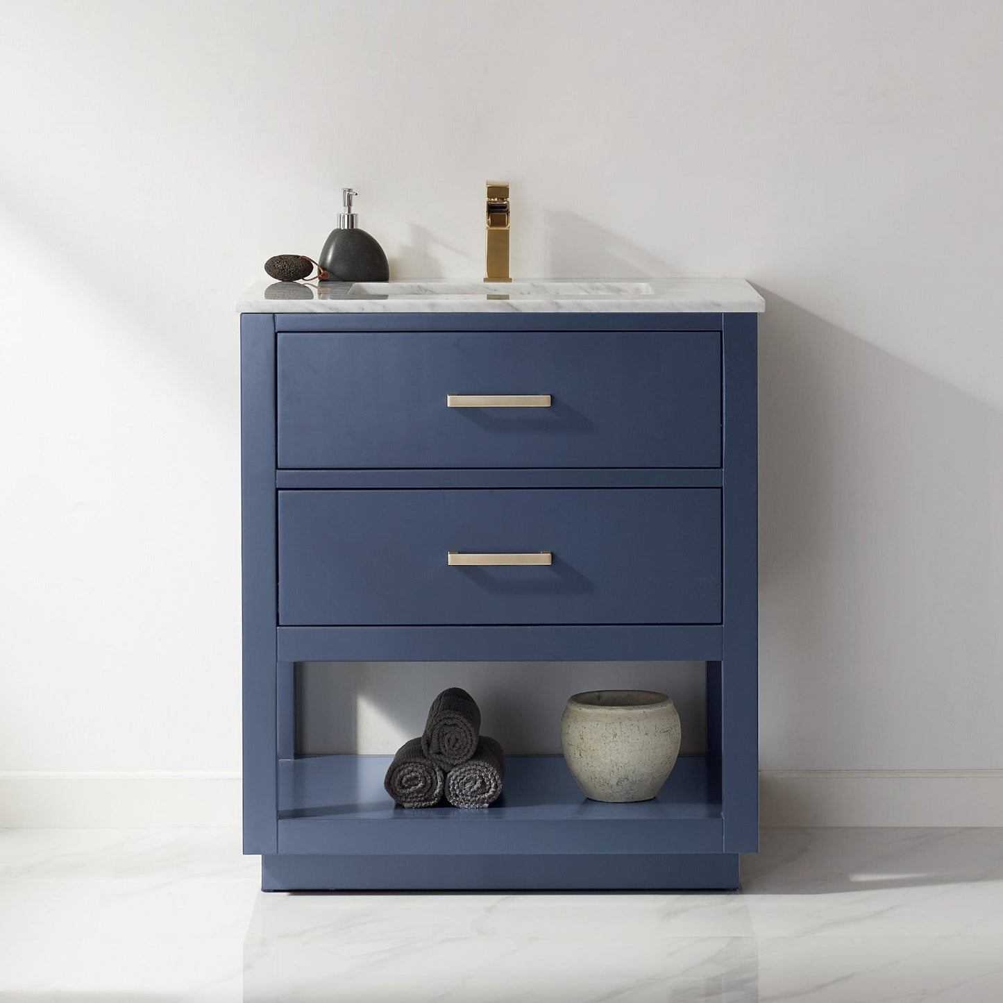 Remi 30" Single Bathroom Vanity Set in Royal Blue and Carrara White Marble Countertop without Mirror