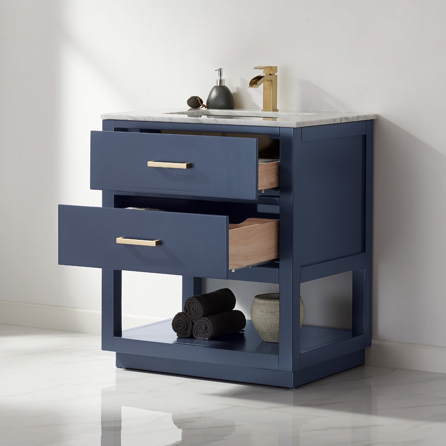 Remi 30" Single Bathroom Vanity Set in Royal Blue and Carrara White Marble Countertop without Mirror