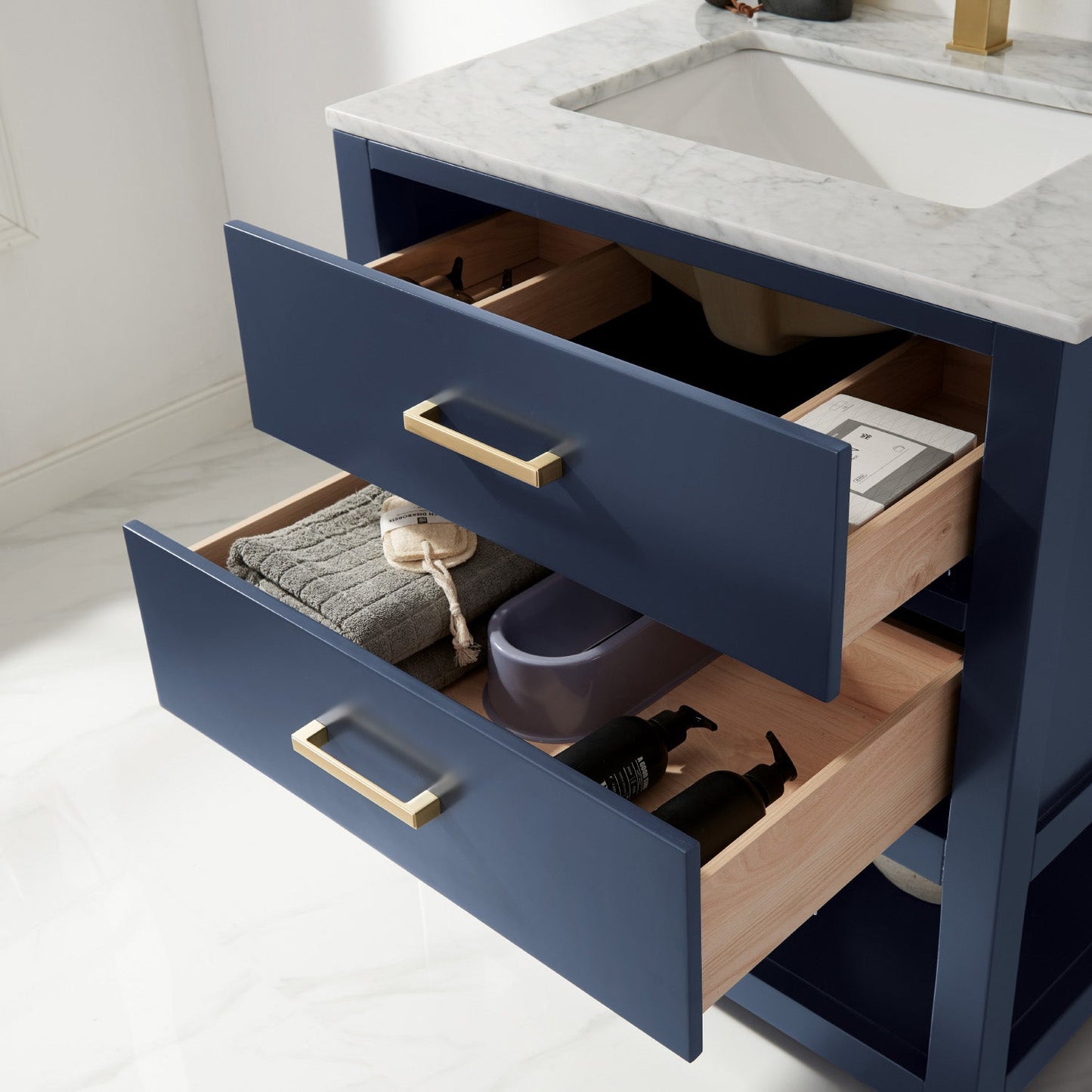 Remi 30" Single Bathroom Vanity Set in Royal Blue and Carrara White Marble Countertop with Mirror