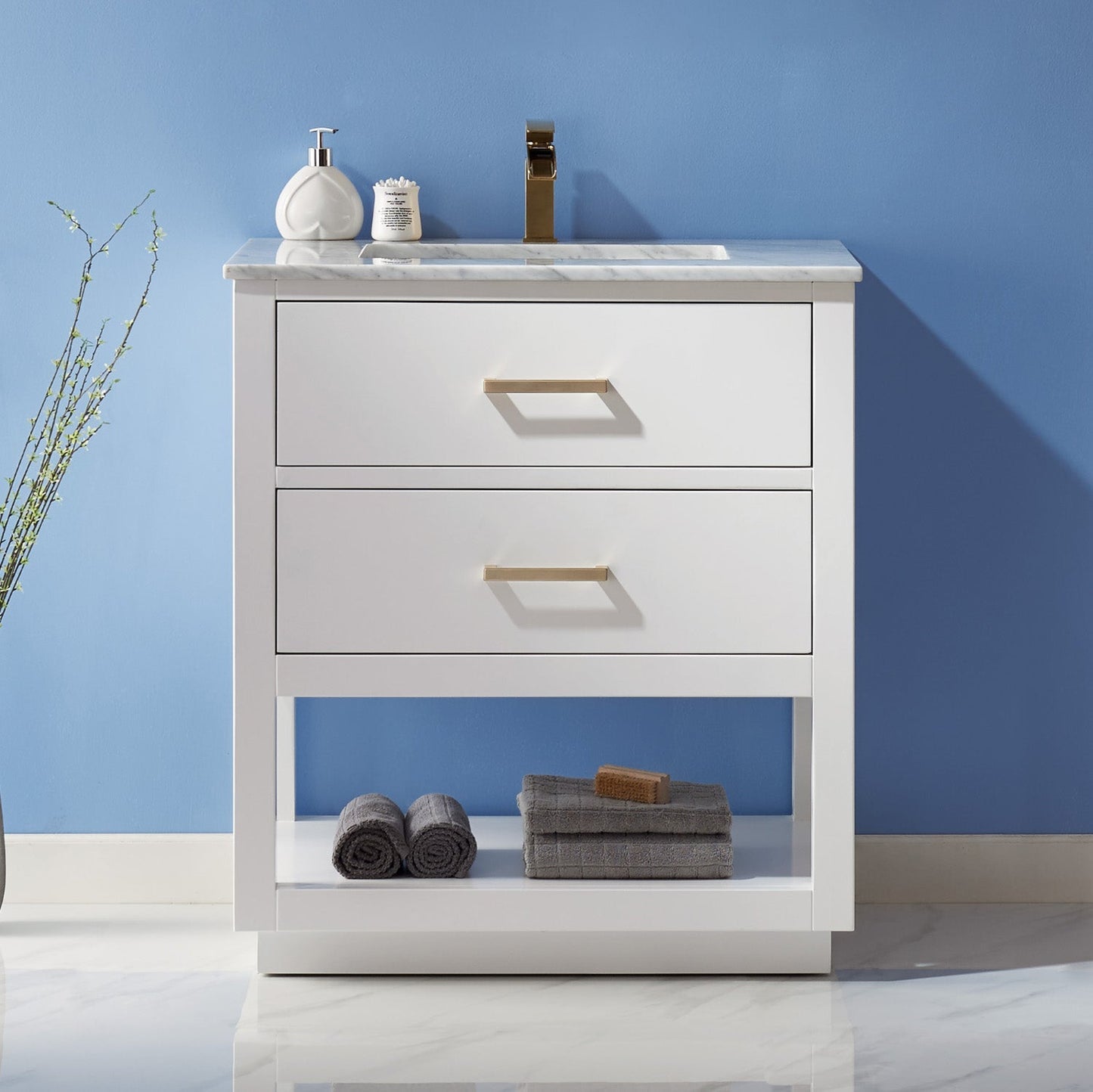 Remi 30" Single Bathroom Vanity Set in White and Carrara White Marble Countertop without Mirror