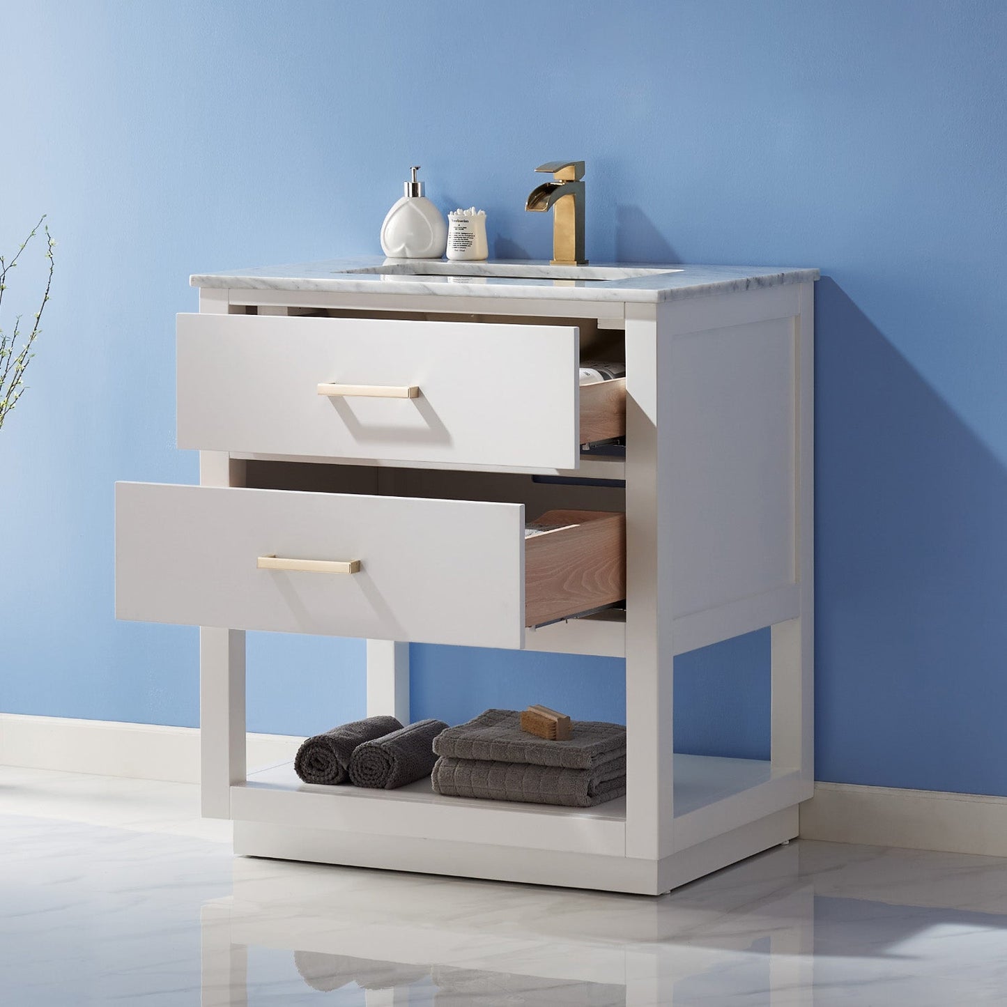 Remi 30" Single Bathroom Vanity Set in White and Carrara White Marble Countertop without Mirror