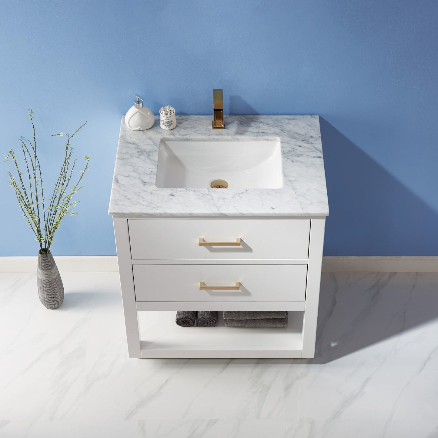 Remi 30" Single Bathroom Vanity Set in White and Carrara White Marble Countertop without Mirror