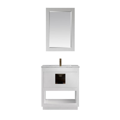 Remi 30" Single Bathroom Vanity Set in White and Carrara White Marble Countertop with Mirror