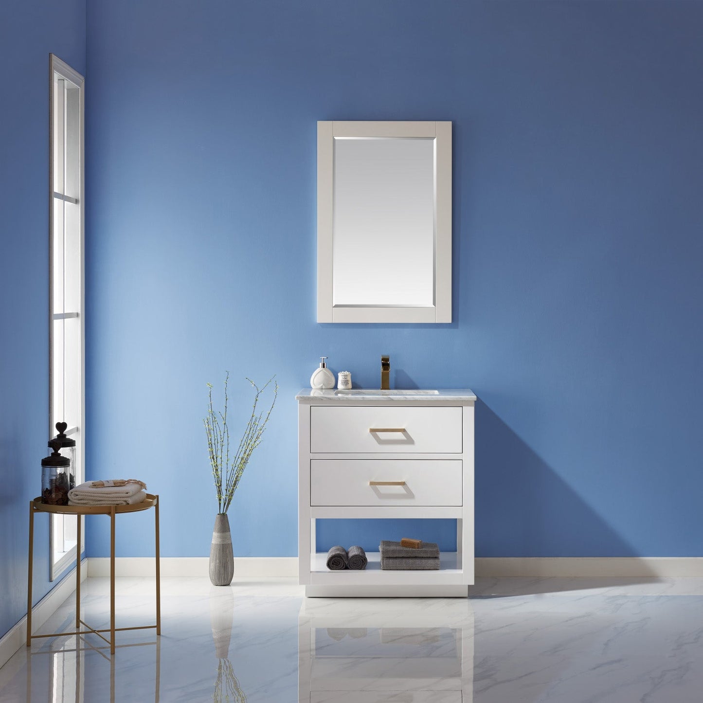 Remi 30" Single Bathroom Vanity Set in White and Carrara White Marble Countertop with Mirror