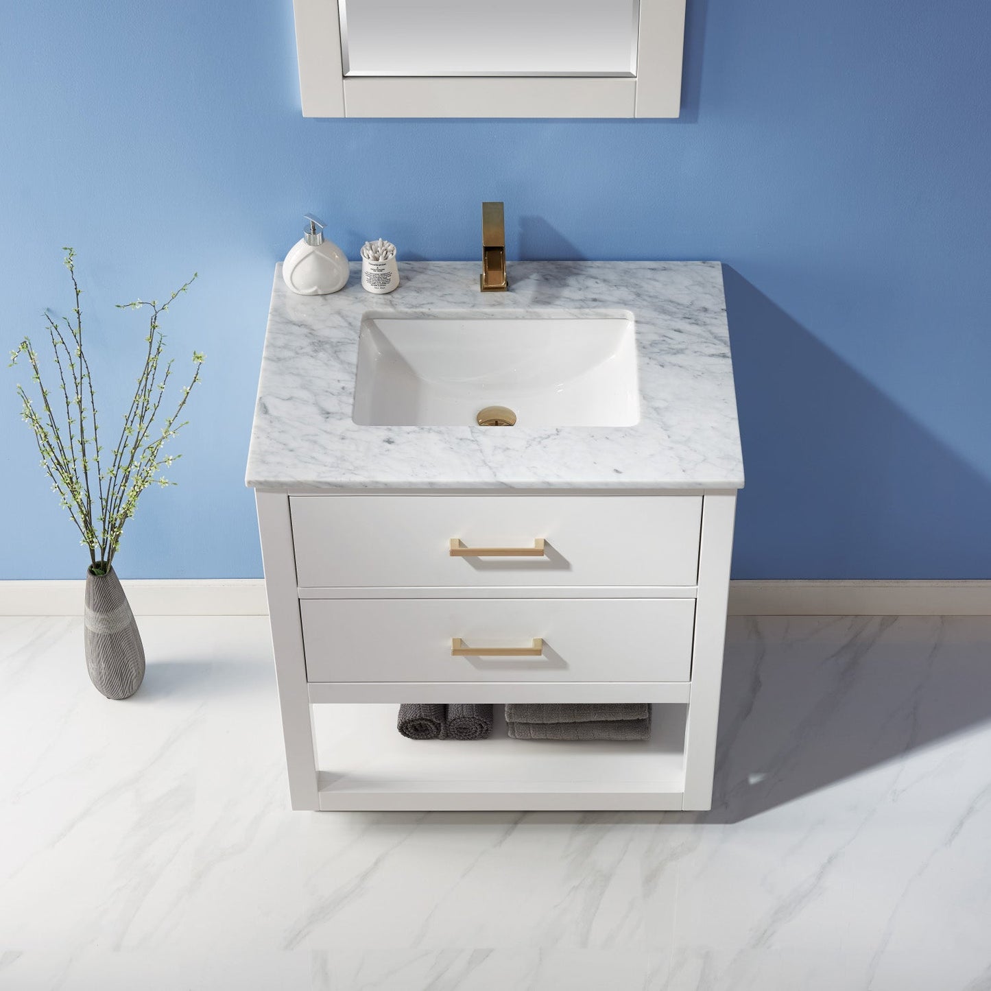 Remi 30" Single Bathroom Vanity Set in White and Carrara White Marble Countertop with Mirror
