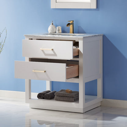 Remi 30" Single Bathroom Vanity Set in White and Carrara White Marble Countertop with Mirror