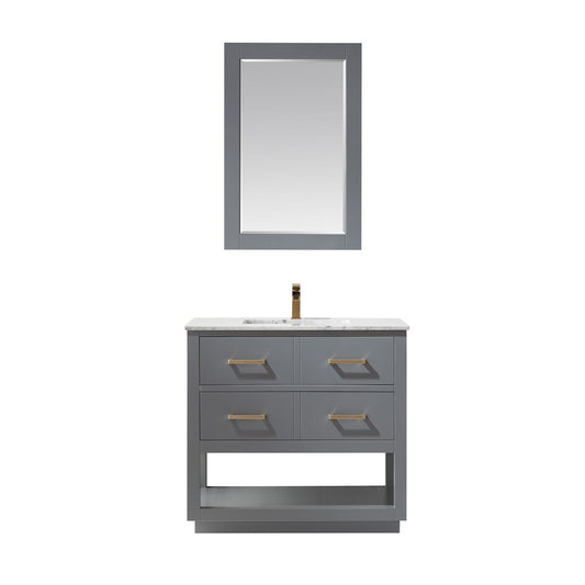 Remi 36" Single Bathroom Vanity Set in Gray and Carrara White Marble Countertop with Mirror