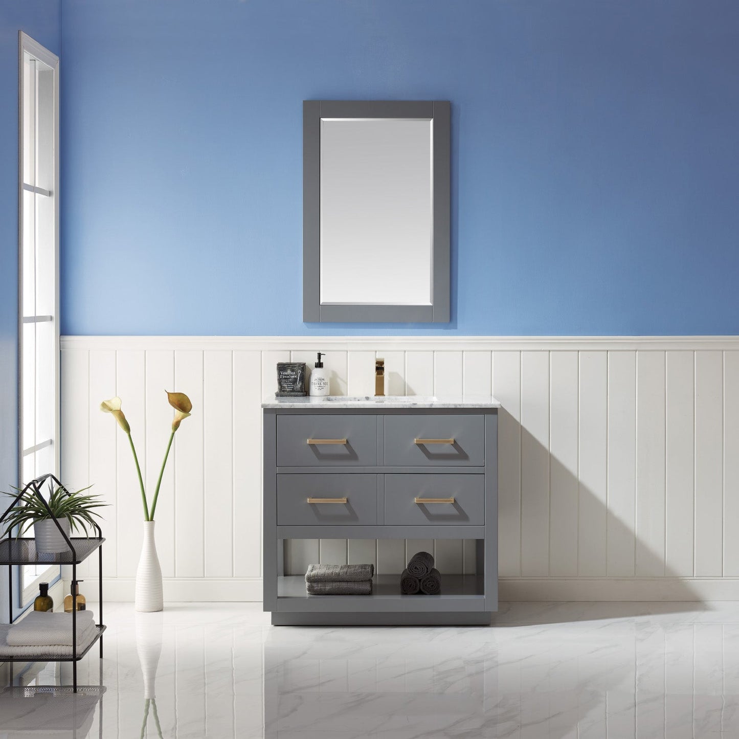 Remi 36" Single Bathroom Vanity Set in Gray and Carrara White Marble Countertop with Mirror