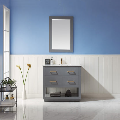Remi 36" Single Bathroom Vanity Set in Gray and Carrara White Marble Countertop with Mirror