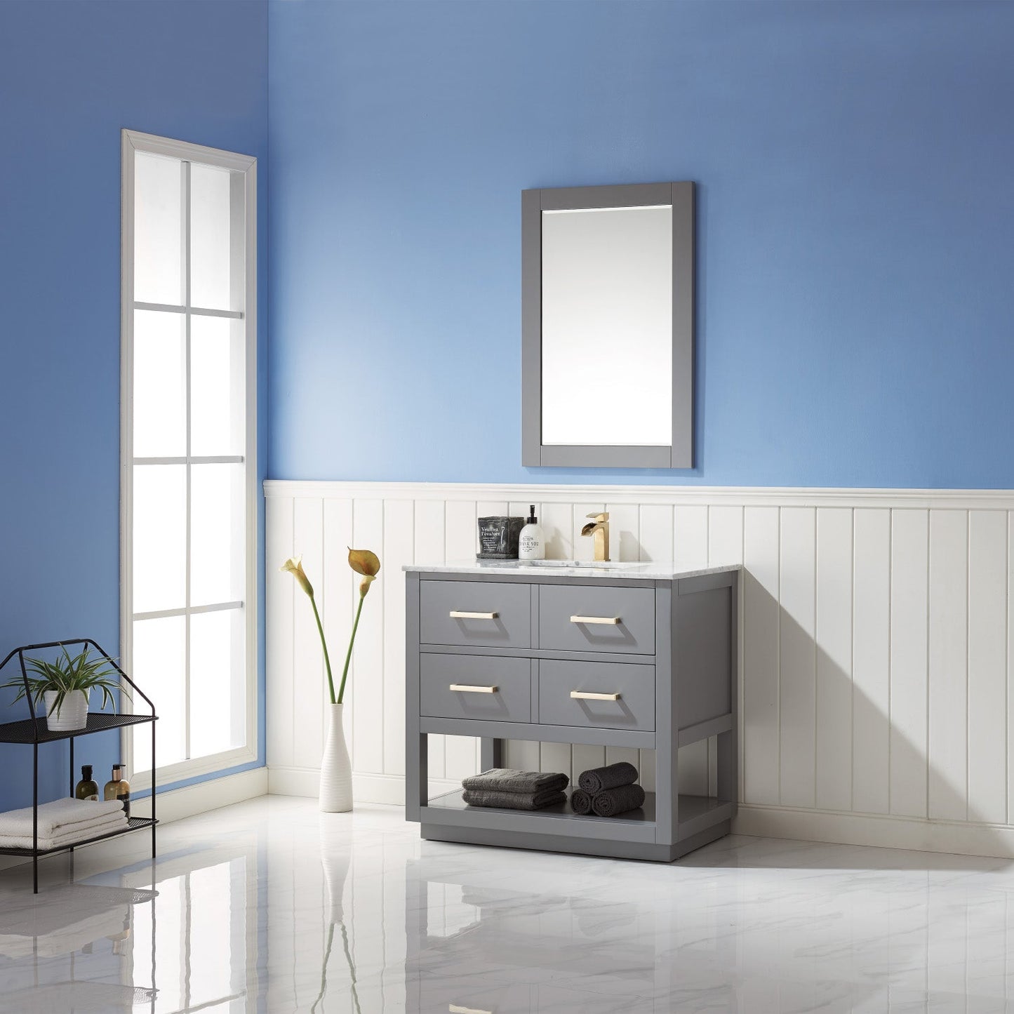 Remi 36" Single Bathroom Vanity Set in Gray and Carrara White Marble Countertop with Mirror