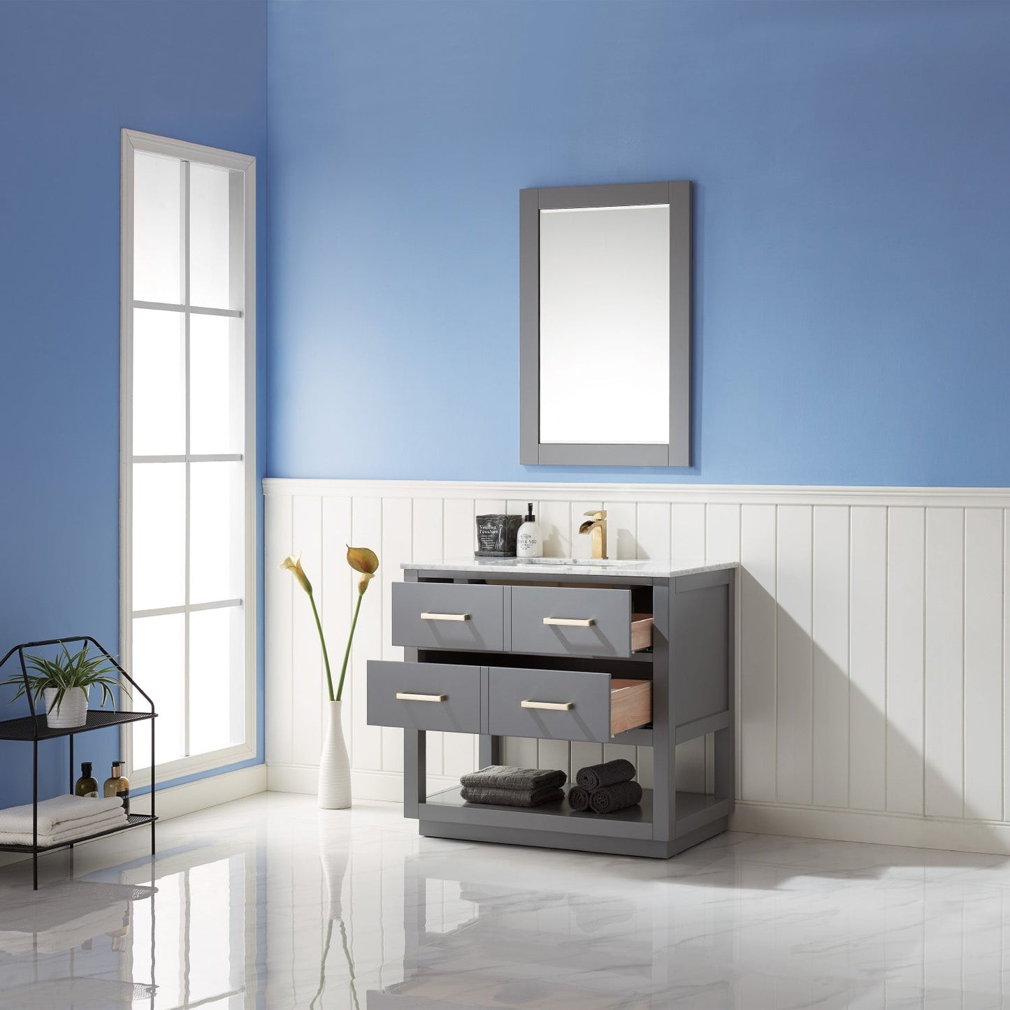 Remi 36" Single Bathroom Vanity Set in Gray and Carrara White Marble Countertop with Mirror