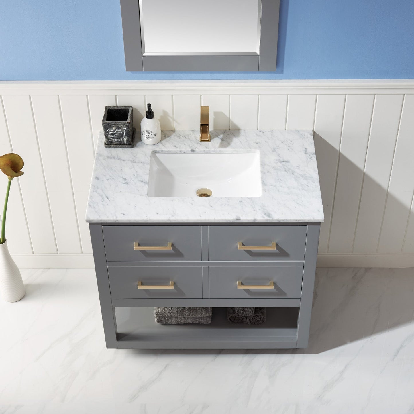 Remi 36" Single Bathroom Vanity Set in Gray and Carrara White Marble Countertop with Mirror